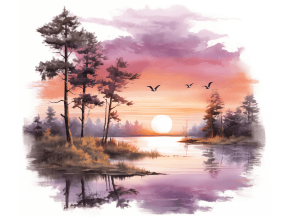 Download Watercolor Lake Sunrise - Premium Resources